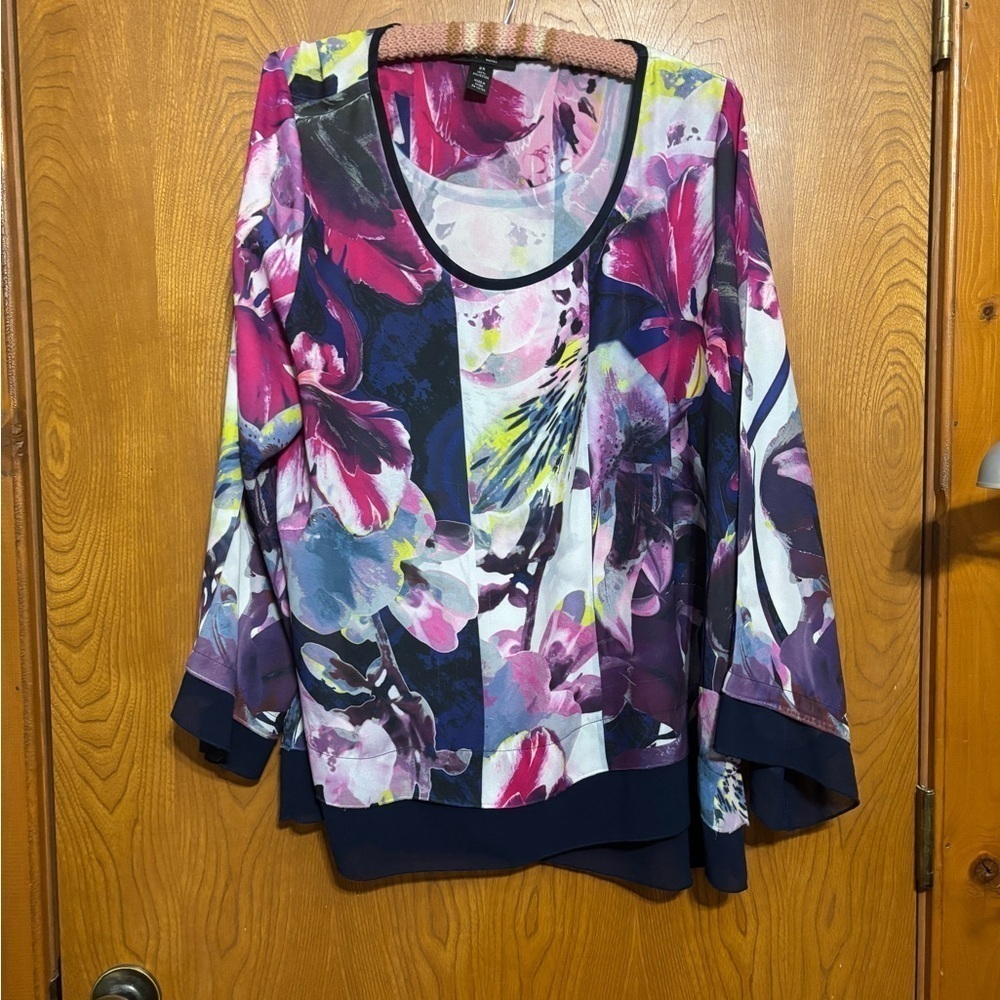 Style & Co. Long Sleeve Blouse Tunic Red, Pink, Navy Blue and yellow Floral 2X